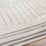 Close-up of Chet Area Rug with a cloud gray and dark gray geometric striped design. Contemporary style. Texture