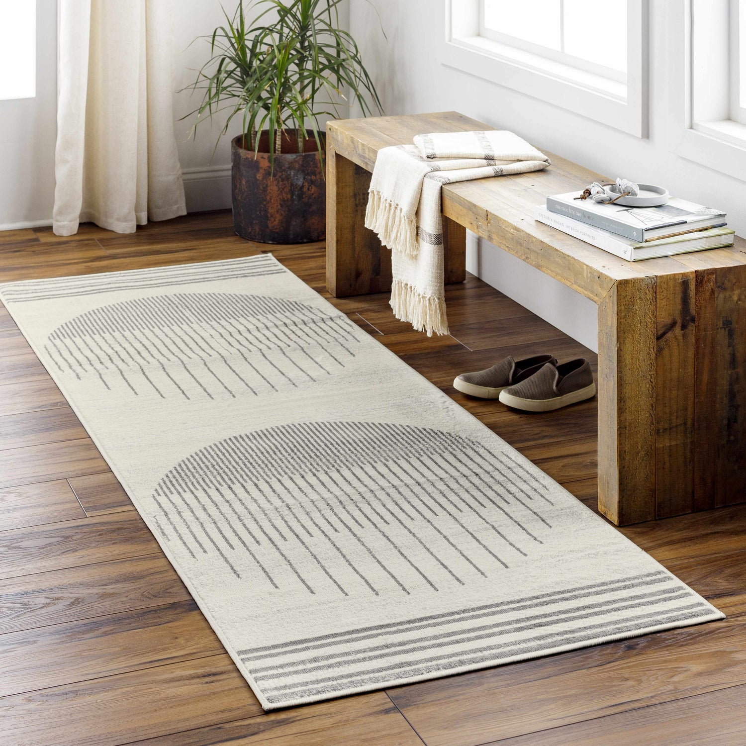 Entryway with wood floors and Chet Area Rug runner in cloud gray and dark gray geometric design. Roomscene-Runner