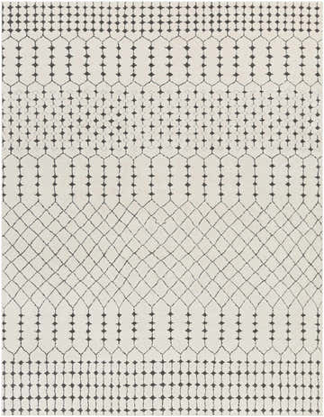 Close-up of the Chubbuck Moroccan Trellis Rug. Charcoal trellis pattern on a light beige background. Bohemian style. Design-Rectangle-710103