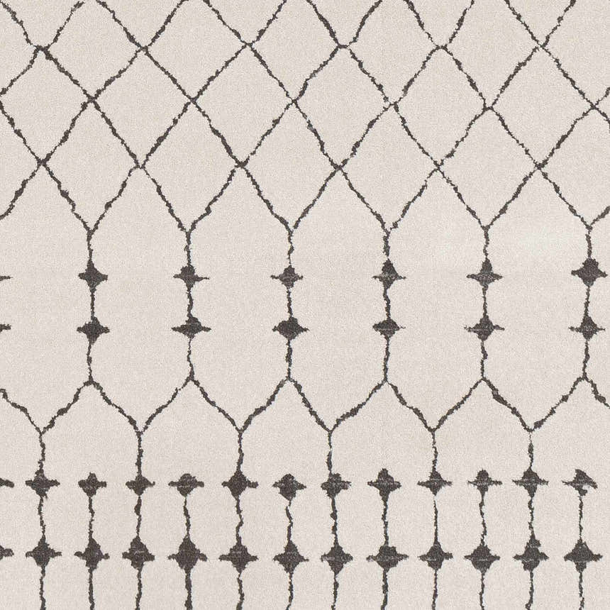 Close-up of Chubbuck Moroccan Trellis Rug. Charcoal trellis pattern on light beige background. Bohemian style. Texture