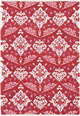Close-up of the hand woven Cook Area Rug. Red cotton rug with a contemporary cream, pink, and purple floral pattern. Design-Rectangle-576