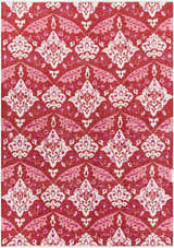 Close-up of Cook Area Rug. Hand-woven cotton rug in blush, red, cream, pink, and purple with a contemporary floral pattern. Design-Rectangle-811
