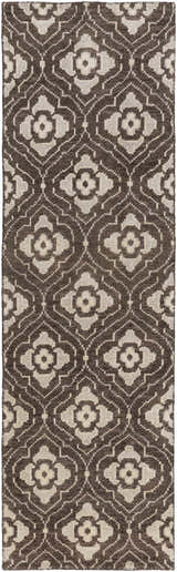 Close-up of the Claysville Area Rug. Beige and dark brown wool rug with a hand-knotted floral and geometric pattern. Design-Runner-268