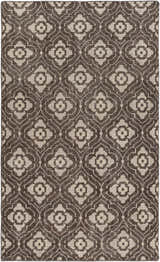 Close-up of the Claysville Area Rug. Beige floral medallions on a dark brown, hand-knotted wool rug. Design-Rectangle-58