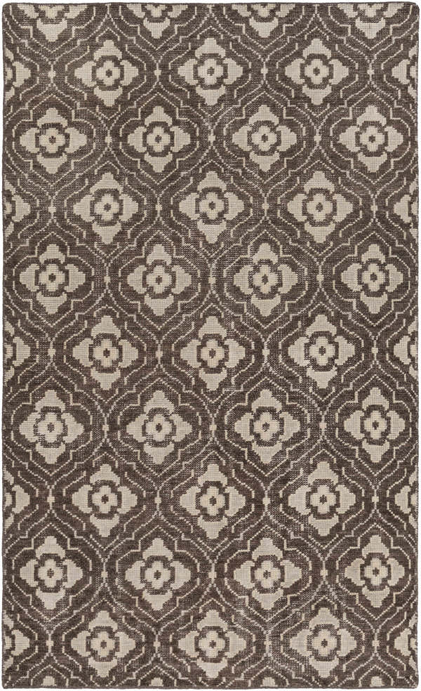 Close-up of the Claysville Area Rug. Beige floral medallions on a dark brown, hand-knotted wool rug. Design-Rectangle-58
