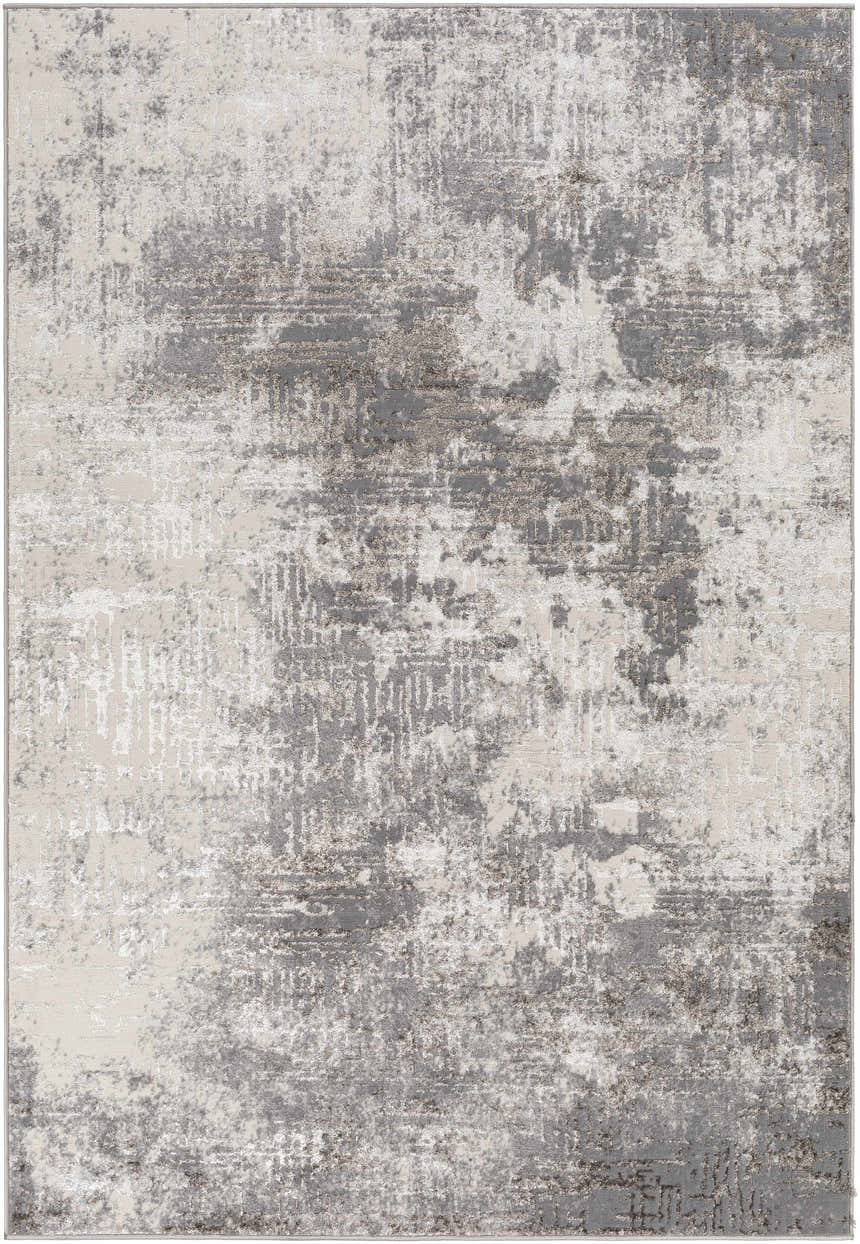 Close-up of the Calabasa Area Rug, featuring a contemporary abstract design in charcoal, gray, and light gray tones. Design-Rectangle-46