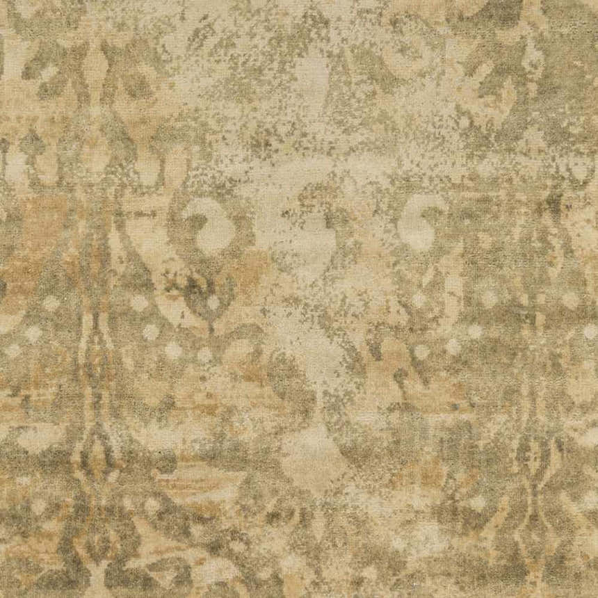 Close-up of the hand-knotted Cleburne Area Rug. Light brown, medium brown, olive, and tan wool with a traditional pattern. Swatch