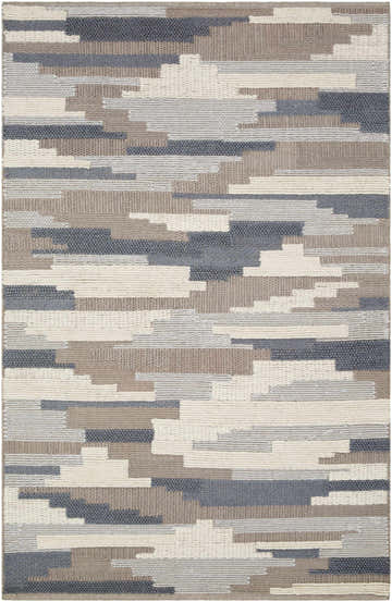 Close-up of the hand woven Clarinda Area Carpet. Cream, denim, gray, and slate wool create a contemporary geometric pattern. Design-Rectangle-576