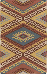 Close-up of the Clutier Clearance Rug. Hand-woven wool rug with beige, blue, brown, mustard, and rose geometric pattern. Design-Rectangle-576