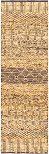 Close-up of a tan and black Cloverly Tribal Jute Carpet. Hand-woven rug with a geometric pattern and natural fiber texture. Design-Runner-268