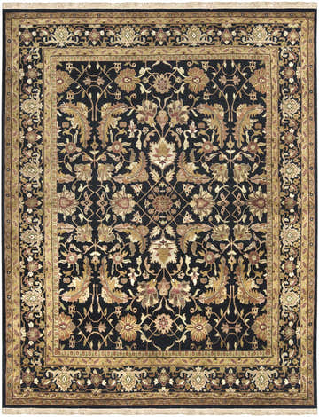 Detailed Black&Gold Premium Wool Rug showcasing its floral, bohemian design and hand-knotted texture. Clearance item. Design-Rectangle-7999