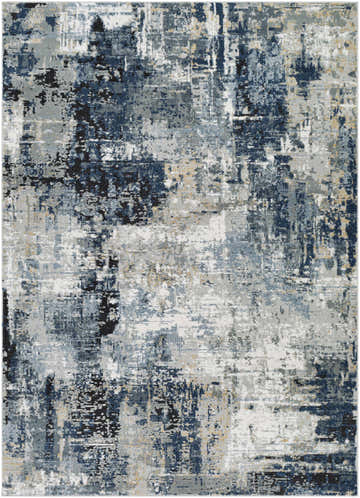 Close-up of Campsall Area Rug with a contemporary abstract design in cream, dark gray, light blue, and light gray. Design-Rectangle-5373