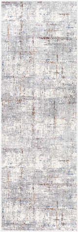 Close-up of the Concordia Faux Silk Rug; a contemporary rug in shades of gray, off-white, blue, and burnt orange. Design-Runner-2777