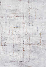Close-up of Concordia Faux Silk Rug. Abstract design in off-white, gray, burgundy, burnt orange, and navy. Contemporary style. Design-Rectangle-5373