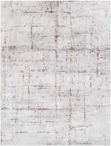 Close-up of Concordia Faux Silk Rug. Abstract design in off white, gray, burgundy, burnt orange, and navy. Contemporary style. Design-Rectangle-710103