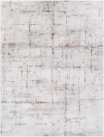 Close-up of Concordia Faux Silk Rug. Abstract design in off white, gray, burgundy, burnt orange, and navy. Contemporary style. Design-Rectangle-710103