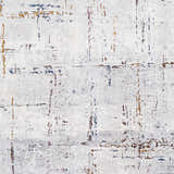Close-up of the Concordia Faux Silk Rug. Abstract design with gray, off-white, burgundy, burnt orange, and navy accents. Swatch