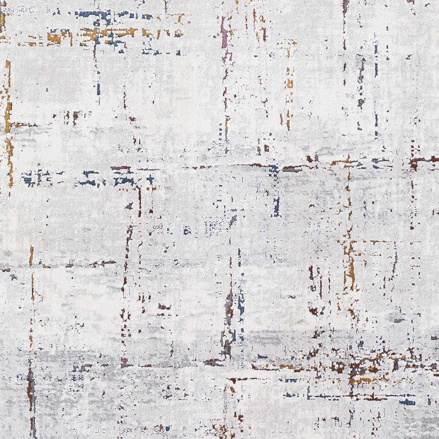 Close-up of the Concordia Faux Silk Rug. Abstract design with gray, off-white, burgundy, burnt orange, and navy accents. Swatch