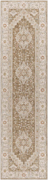 Close-up of Canadensis Thick Luxe Traditional Turkish Rug in brick red, charcoal, and light beige. Machine woven polyester rug. Design-Runner-2710