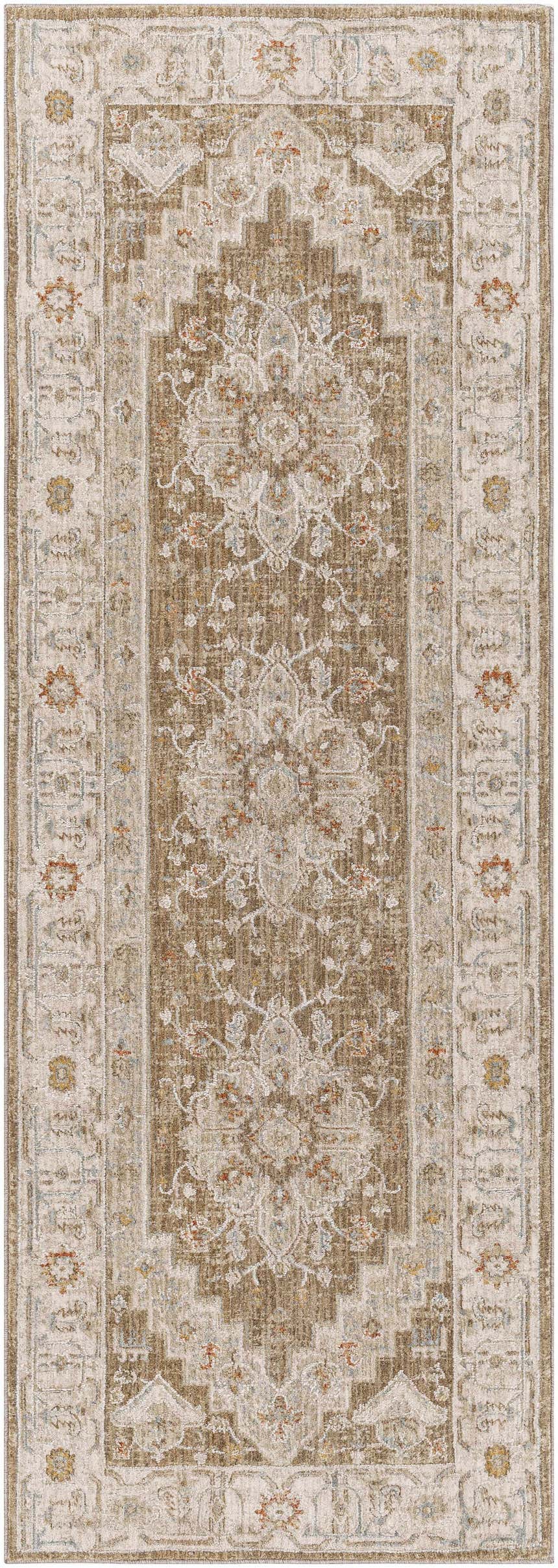 Close-up of Canadensis Thick Luxe Traditional Turkish Rug with brick red, beige, and charcoal floral pattern. Design-Runner-2773