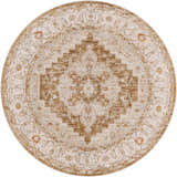 Close-up of a round Canadensis Thick Luxe Traditional Turkish Rug with beige, brown, and subtle red and blue tones. Design-Round-53