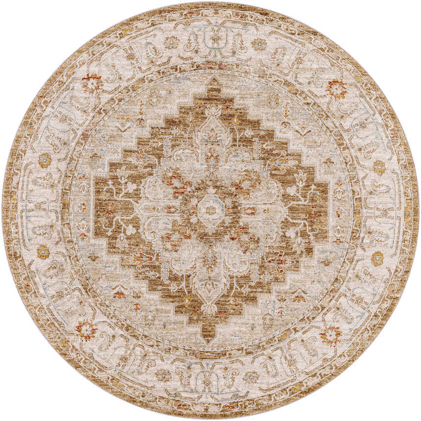 Close-up of a round Canadensis Thick Luxe Traditional Turkish Rug with beige, brown, and subtle red and blue tones. Design-Round-53