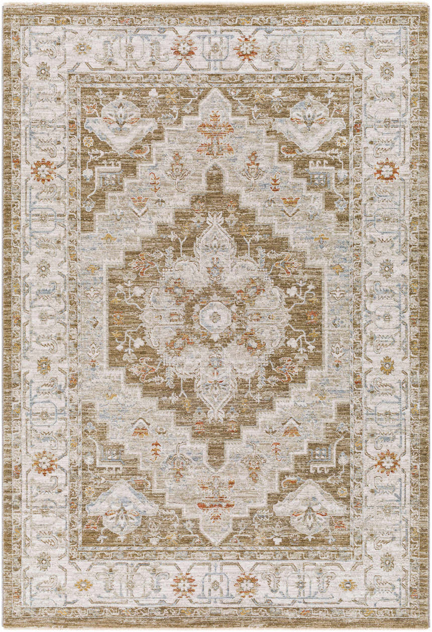 Close-up of Canadensis Thick Luxe Traditional Turkish Rug in brick red, charcoal, and beige with an oriental pattern. Design-Rectangle-575