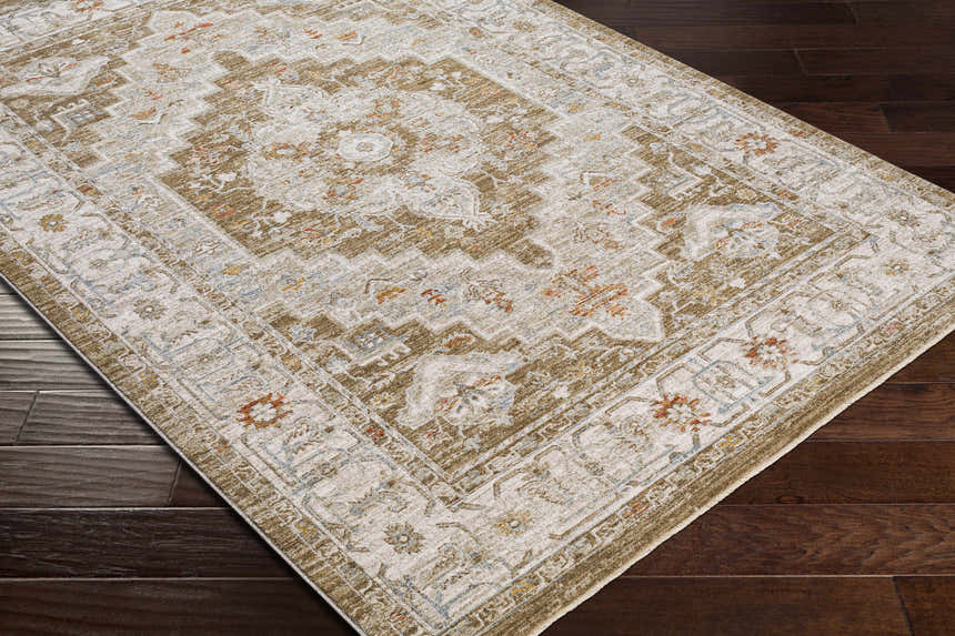 Close-up of a Canadensis Thick Luxe Traditional Turkish Rug in light beige, charcoal, and olive on dark wood floors. Corner
