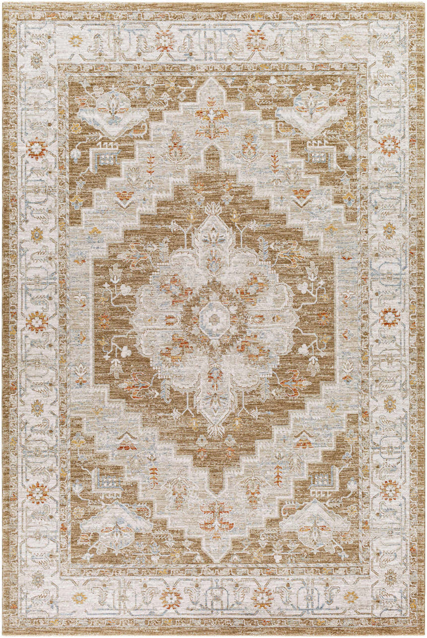 Detailed Canadensis Traditional Turkish Rug in brick red, charcoal, and beige. Machine woven polyester rug with oriental pattern. Design-Rectangle-6796