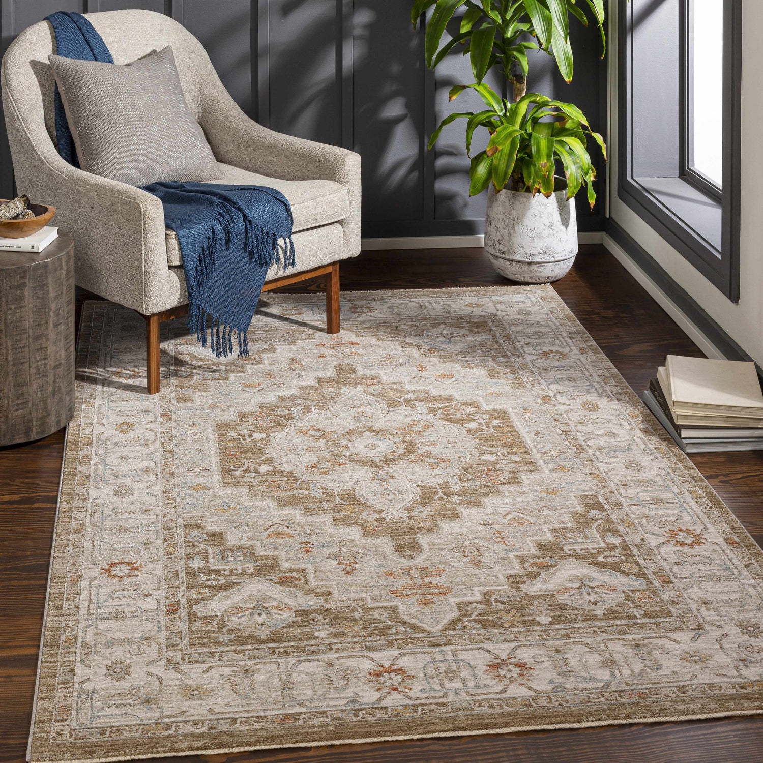Living room scene with Canadensis Thick Luxe Traditional Turkish Rug in brick red, charcoal, and beige under a chair and side table. Roomscene-Rectangle