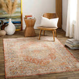 Living room scene with a traditional Candiis Luxe Performance Rug in brick red, cream, and blue. Bohemian style with wood furniture. Roomscene-Rectangle
