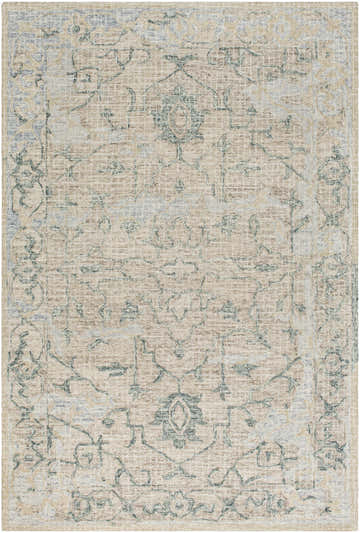Detailed texture of the Connellsville Area Rug. Beige wool rug with sage, slate, and taupe traditional floral pattern. Design-Rectangle-576