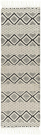 Hand woven Cobourg Area Carpet - Clearance. Black geometric diamond pattern on cream wool rug with fringe. Design-Runner-268