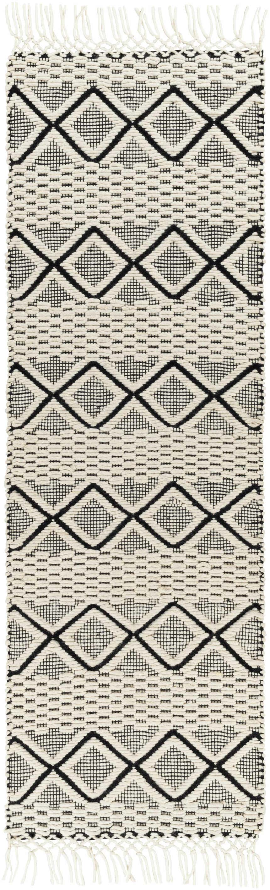 Hand woven Cobourg Area Carpet - Clearance. Black geometric diamond pattern on cream wool rug with fringe. Design-Runner-268