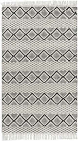 Close-up of the Cobourg Area Carpet. Black geometric diamond pattern on cream wool with fringe. Hand woven rug texture. Design-Rectangle-576