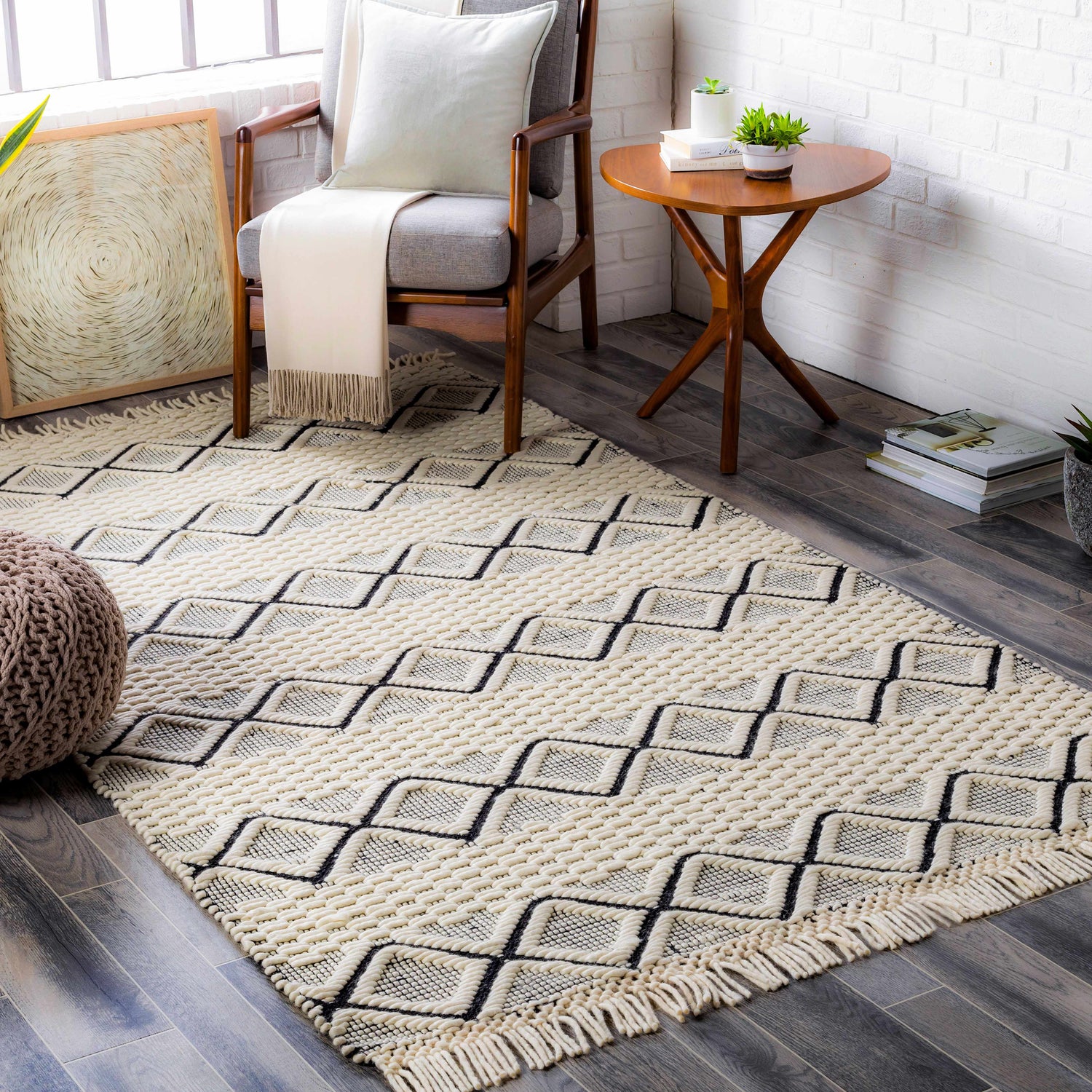 Farmhouse living room scene with a cream and black geometric Cobourg Area Carpet. Roomscene-Rectangle