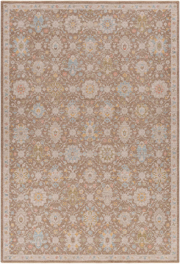 Detailed Coeur Thick Luxe Statement Rug in amber, brown, pink, olive, gray, and taupe. Traditional floral pattern. Design-Rectangle-6796