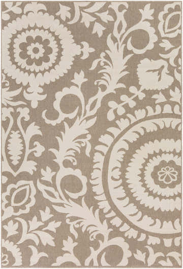 Close-up of the Collegeport Area Rug. Light beige floral and vine pattern on a light brown olefin rug. Design-Rectangle-76109