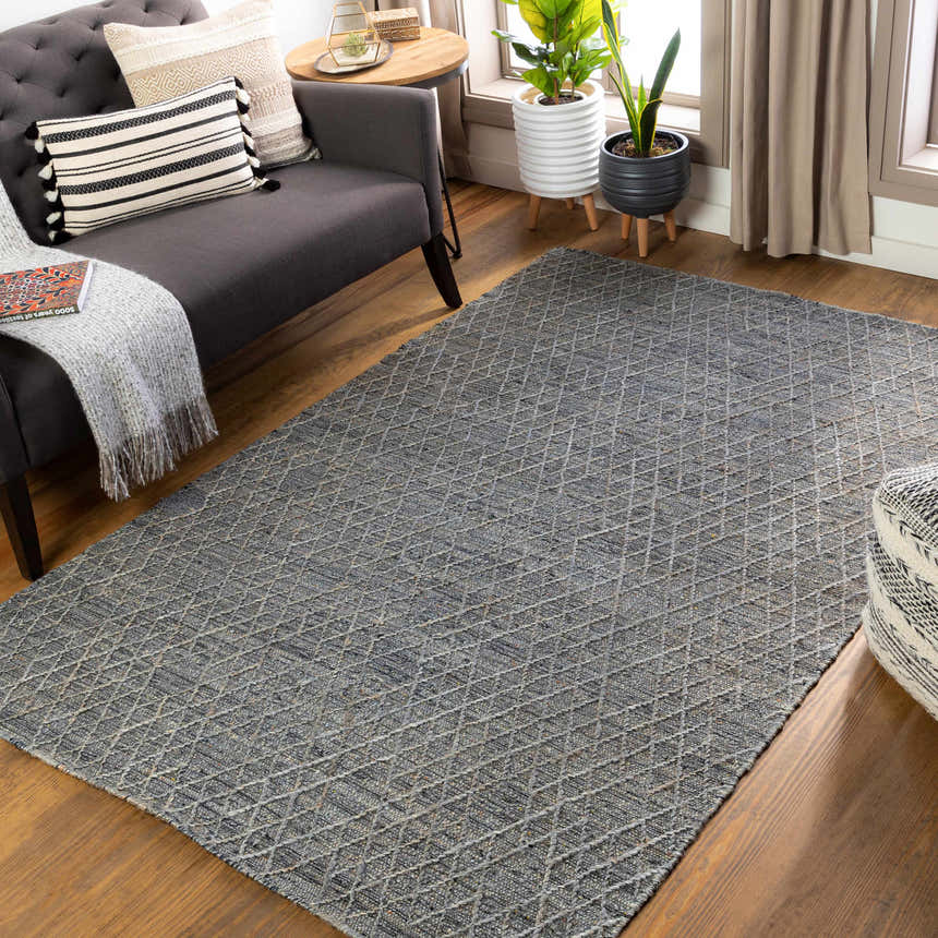 Living room scene with gray Colinton Area Rug, sofa, wood floors, and natural light. Roomscene-Rectangle