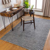 Farmhouse office with wood desk and gray Colinton Area Rug. Contemporary, transitional style. Roomscene-Rectangle