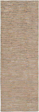 Close-up of the brown Colona Area Carpet. Hand-knotted viscose rug with a contemporary stripe pattern. Design-Runner-268