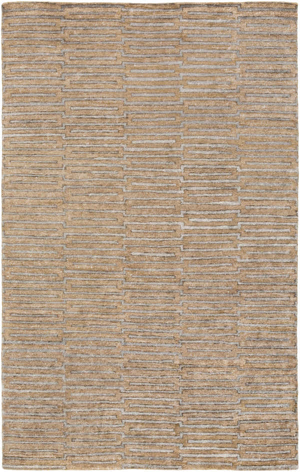 Close-up of the Colona Area Carpet. Brown viscose rug with a contemporary pale blue geometric pattern. Hand-knotted texture. Design-Rectangle-58