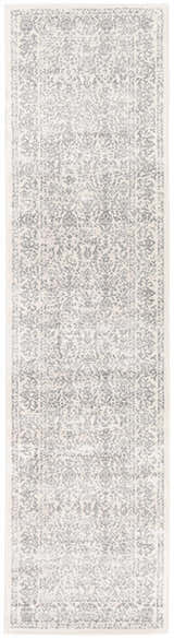 Close-up of the Comstock Area Rug. Bohemian style rug in charcoal, medium gray, off white, and white gray. Machine woven texture. Design-Runner-2710