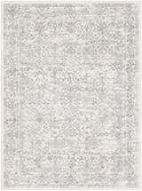 Close-up of the Comstock Area Rug. Bohemian style with charcoal and off-white floral pattern. Machine woven polypropylene rug. Design-Rectangle-5371