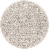 Close-up of round Comstock Area Rug. Bohemian style rug in charcoal and off-white with a traditional medallion pattern. Design-Round-67
