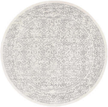 Close-up of a round Comstock Area Rug. The rug is off-white with a gray, traditional-style floral pattern. Design-Round-710