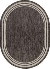 Close-up of an oval Coonamble Bordered Antrasit Rug. Charcoal rug with cream striped border, machine woven texture. Design-Oval-5373