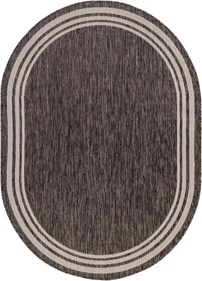 Close-up of an oval Coonamble Bordered Antrasit Rug. Charcoal rug with cream striped border, machine woven texture. Design-Oval-5373