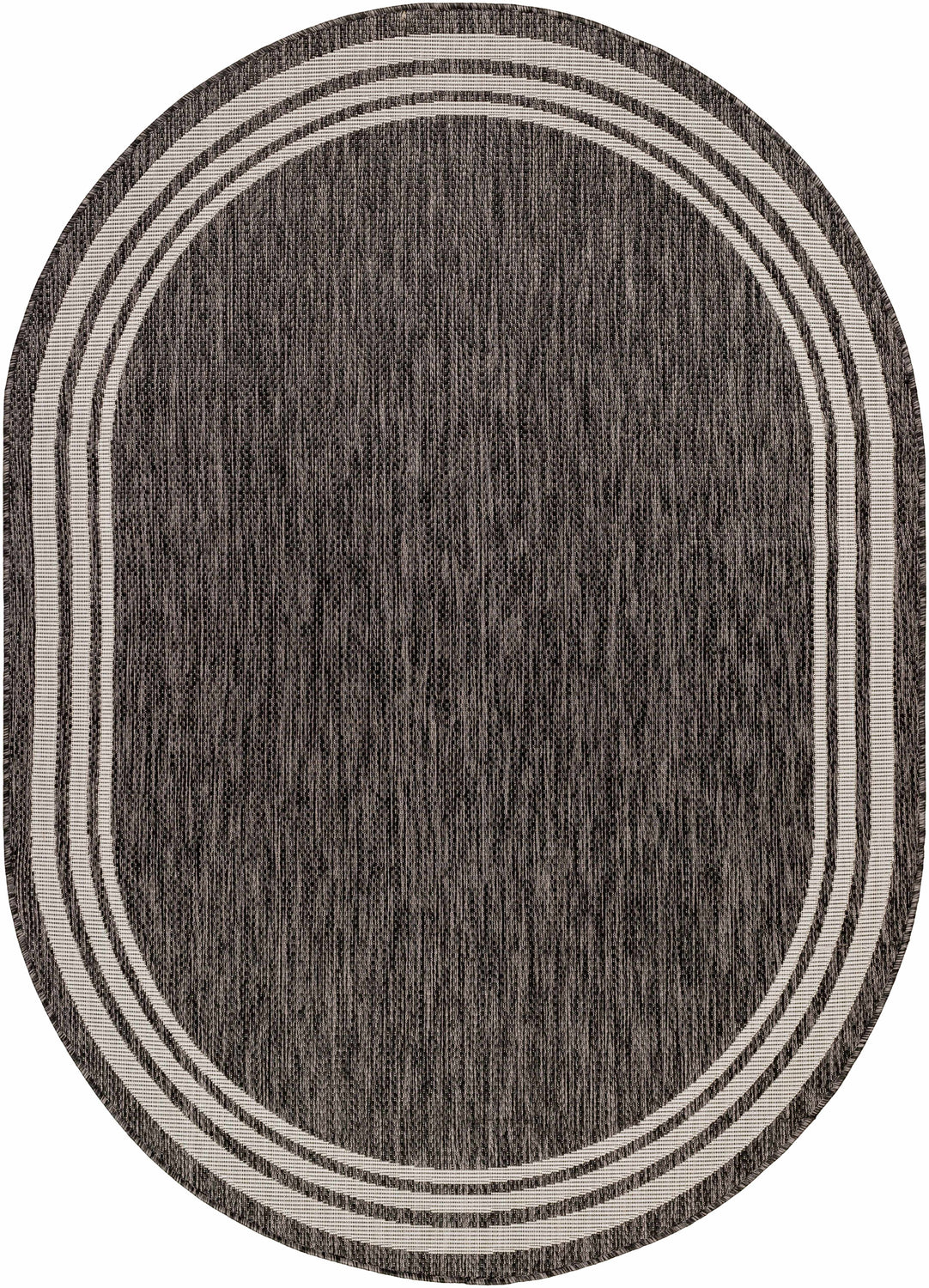 Close-up of an oval Coonamble Bordered Antrasit Rug. Charcoal rug with cream striped border, machine woven texture. Design-Oval-5373