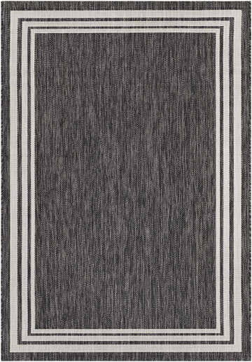 Close-up of the Coonamble Bordered Antrasit Rug, featuring a charcoal base and cream striped border. Machine woven texture. Design-Rectangle-5377